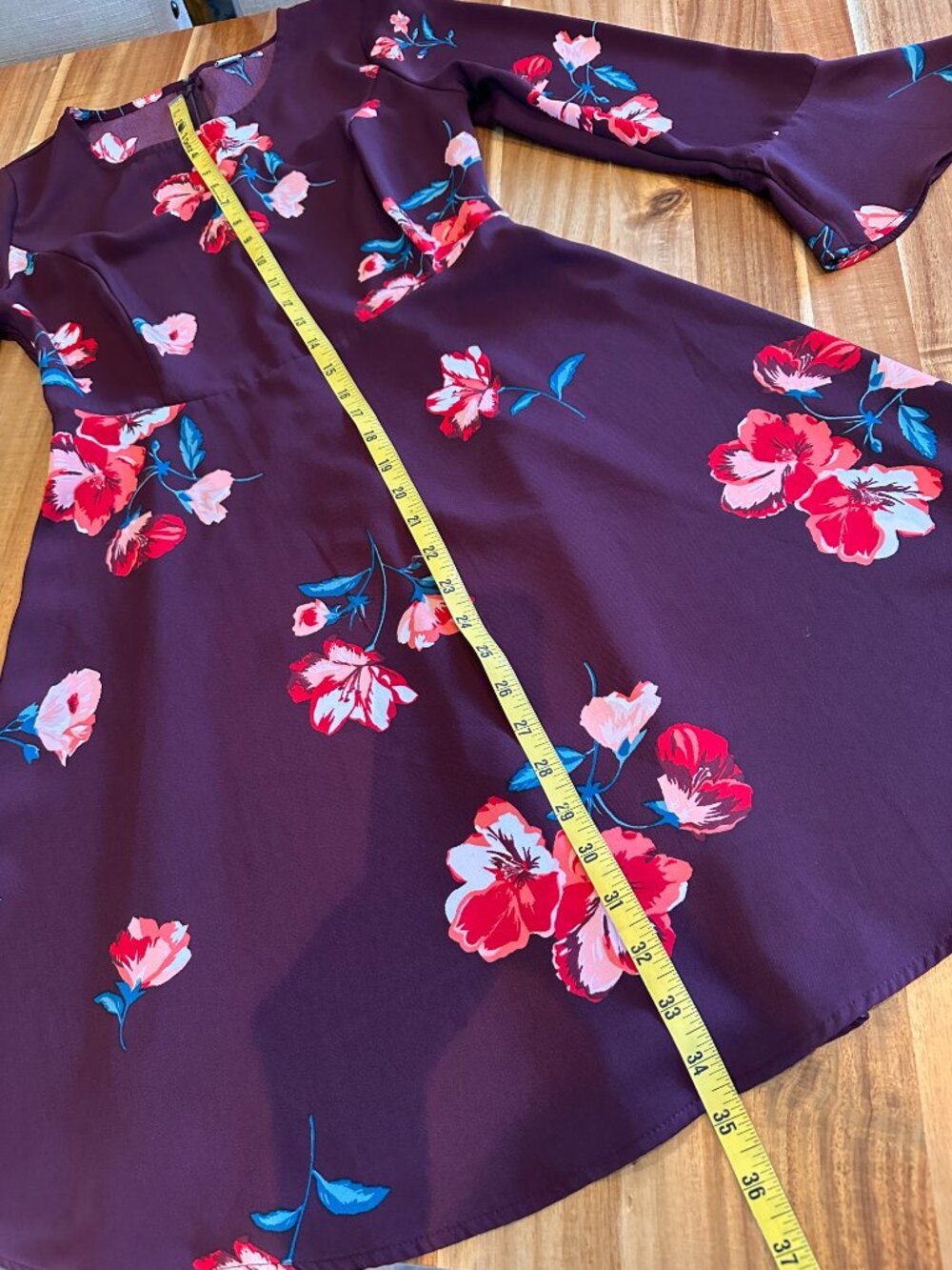 Old Navy Burgundy Floral Fit & Flare Bell Sleeve Dress | Small | A-1825 - Picture 16 of 16